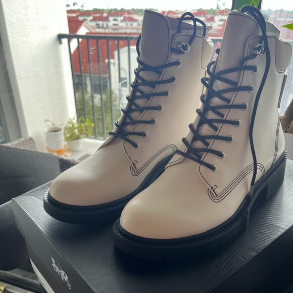 Coach Women's Lorimer Leather Lace Up Boots - Chalk - Picture 2 of 6